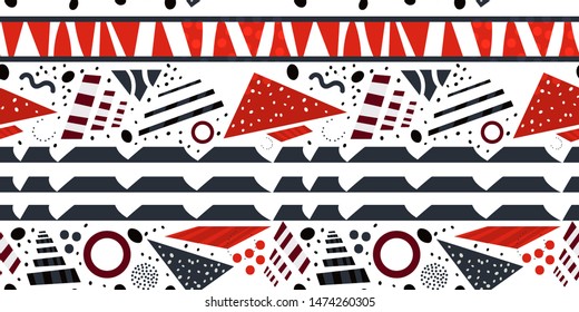 Abstract geometric pattern. Trendy creative print in Memphis style, 80s-90s. Rich red and gray shapes on white background. Vector illustration. Modern graphic design.