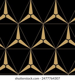 Abstract geometric pattern with triangle, lines and stripes on black background. A seamless vector background. Graphic modern pattern. Black and gold pattern.