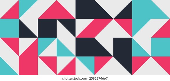Abstract Geometric Pattern with Triangles and Circles, Modern Vector Design in Turquoise and Pink