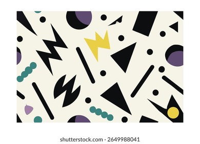 Padrão geométrico abstrato com triângulos círculos linhas relâmpago amarelo parafusos azul formas em creme