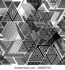 Abstract Geometric pattern with Triangles in geometry lines form. Seamless texture in black and white, can be used for background.Vector Illustration.