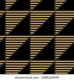 Abstract geometric pattern with triangles, stripes, lines. Seamless vector background. Black and gold ornament. Modern reticulated graphic design.