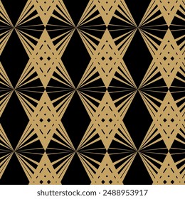 Abstract geometric pattern with triangles, stripes, lines. Seamless vector background. Black and gold ornament. Modern reticulated graphic design.