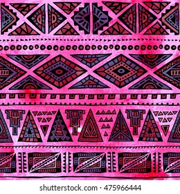 Abstract geometric pattern. Tribal and ethnic motifs. Bright watercolor texture. Handmade. Pink, blue and black colors. Vector illustration.