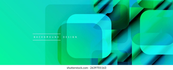 Abstract geometric pattern. Turquoise, green gradients create modern design. Overlapping squares, rectangles suggest depth, movement. Minimal text present.