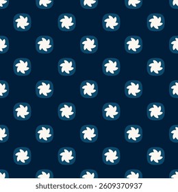 Abstract geometric pattern twist shapes motif vector background. Modern decoration round elements fabric design textile swatch, easy to recolor all over print block. Contrasting blue, white colors.