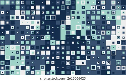 Abstract geometric pattern of varied sized squares in teal, navy, and white.  Ideal for backgrounds, website design, or modern tech concepts.