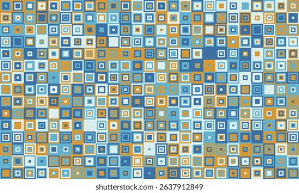 Abstract geometric pattern of variedsized squares in calming blue and gold hues.  Perfect for backgrounds, website design, or textile prints.  Evokes a sense of order and subtle movement.