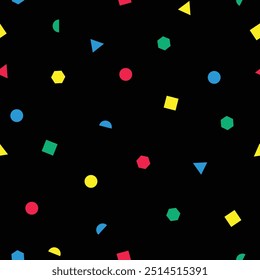 Abstract geometric pattern with various colorful shapes on black background
