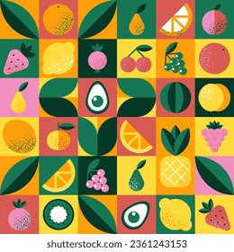 Resumen de patrones geométricos con diversos frutos al estilo Bauhaus. Fondo de cuadrícula retro. mosaico multicolor vintage con formas geométricas. Textura para textil, cubierta, diseño web, menú, restaurante.