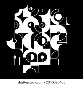 Abstract geometric pattern vector background isolated over dark, tech style engine looks like composition, engineering draft style pattern, black and white.