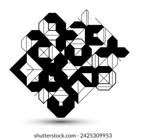 Abstract geometric pattern vector background isolated, tech style engine looks like composition, engineering draft style pattern, black and white.