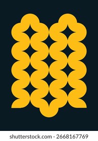 Abstract Geometric Pattern Vector. Yellow Star Flower Motif, Minimal Circle Design on Dark Background, Decorative Template for Textile, Wallpaper, Art, Branding, Interior, Fabric. Mustard pattern