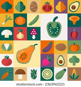 Abstract geometric pattern with vegetables in Bauhaus style.