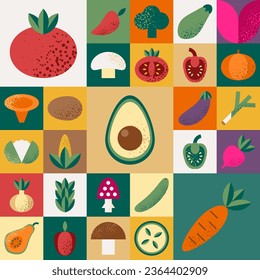 Abstract geometric pattern with vegetables in Bauhaus style.