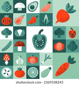 Abstract geometric pattern with vegetables in Bauhaus style.