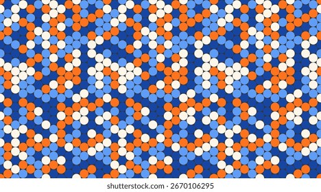 Abstractas patrón geométrico de vibrantes círculos azules, naranjas y blancos.  Diseño moderno y sin fisuras ideal para fondos de Sitio web, textiles o cualquier proyecto que necesite un visual audaz y enérgico.