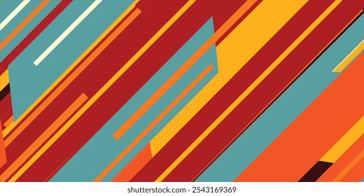 Abstract geometric pattern with vibrant colors, featuring diagonal stripes and dynamic shapes, ideal for bold, modern designs, and energetic visual projects