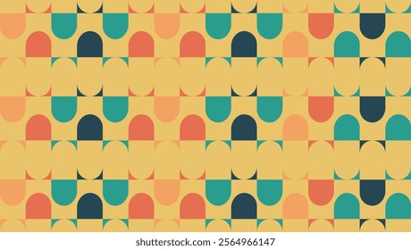 Abstract geometric pattern with vibrant colors on a soft yellow background. Intricate arrangement of shapes that create a visually engaging and modern aesthetic.