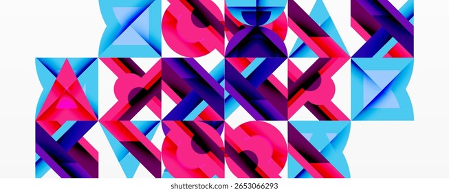 Abstract geometric pattern. Vibrant triangles overlap, creating dynamic visual texture. Pink, blue, purple hues dominate composition.