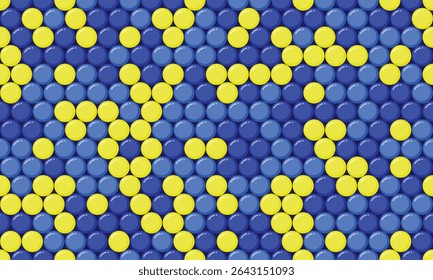Abstract geometric pattern of vibrant yellow and blue circles.  Ideal for backgrounds, textures, websites, or playful designs.  Represents unity, contrast, or a modern aesthetic.