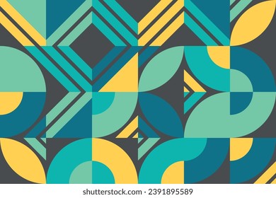 Abstract geometric pattern with a vintage flair, featuring rounded and angular shapes in a lively, modern color palette, evoking a minimalist Scandinavian design