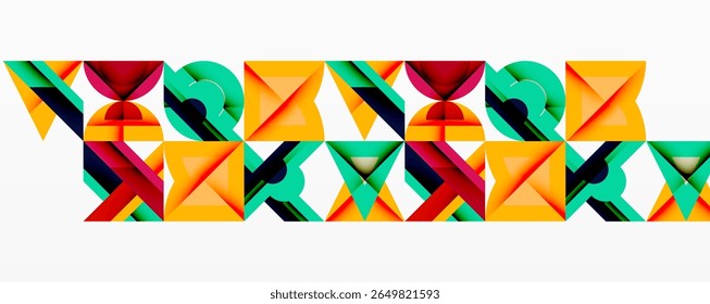 Padrão geométrico abstrato. Cores vivas criam formas repetidas, formando um ritmo visual dinâmico. Design limpo, estética moderna.