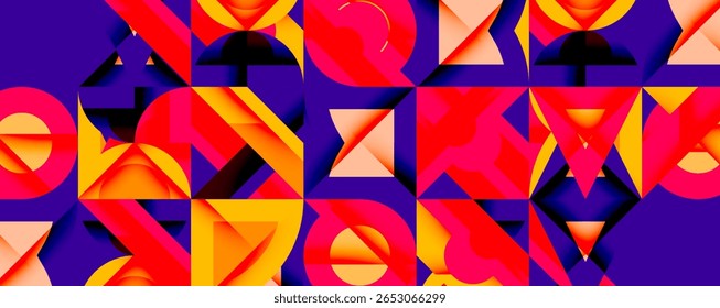 Padrão geométrico abstrato. Cores vivas, sobreposição de formas, criando textura visual dinâmica. Laranja, vermelho, roxo dominam a composição.