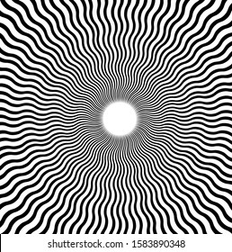 Abstract geometric pattern with wavy lines. Interlacing rounded stripes stylish design. Lines wave vector background. Black and White Starburst, Sunburst Backdrop.
