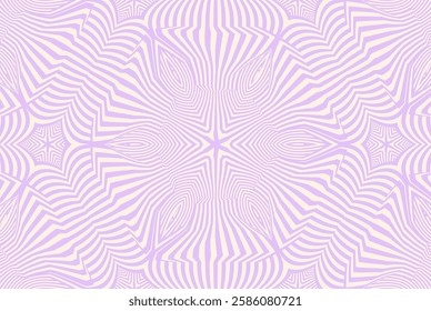 Abstract geometric pattern with wavy purple lines on a beige background, optical illusion effects and dynamic fluid shapes. Modern digital artwork with a hypnotic and surreal aesthetic.