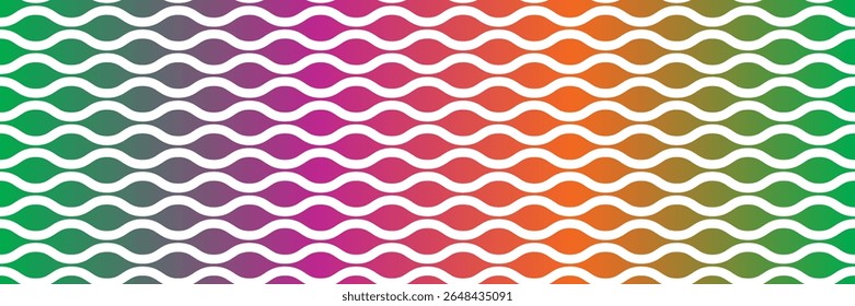 Abstract geometric pattern of wavy stripes and lines with gradient of blue, purple and orange colors, on black background.