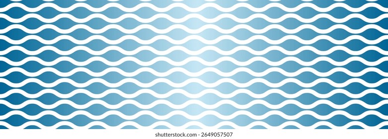 Abstract geometric pattern of wavy stripes and lines with gradient of light and dark blue, on white background.