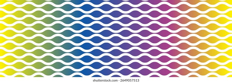 Abstract geometric pattern of wavy stripes and lines with gradient of yellow, green, blue, and purple colors, on white background.