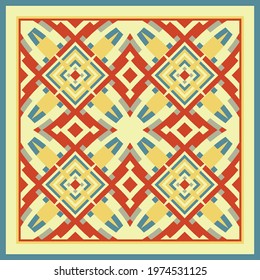 Abstract geometric pattern in yellow red blue. Print, cloth design, wallpaper. Scafr design. Frame.