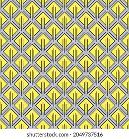 Abstract geometric pattern with yellow rhombuses and other curly elements. Seamless background, simple contour ornament. Fashionable and glamorous decoration of any of your bold advertising projects.