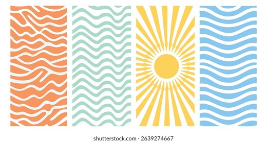 Abstract geometric patterned backgrounds featuring wavy lines sunburst design in various vibrant pastel color palettes