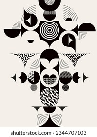Abstract geometric patterned poster. Art composition of circles, squares and sector.