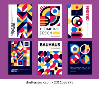 Abstract geometric patterns. Bauhaus posters set with vector color shapes of circles, triangles and squares, simple lines and eyes. Retro geometric graphic backgrounds, creative banners or flyers