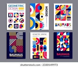 Resumen de patrones geométricos, afiches de bauhaus con formas de círculo vectorial, cuadrado y triángulo. Fondo gráfico geométrico retro con elementos creativos de color, líneas onduladas, puntos y ojos