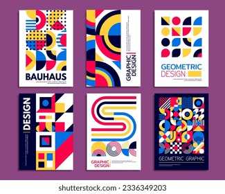 Abstract geometric patterns, bauhaus posters. Modern graphic shapes vector backgrounds set with color circles, squares and lines, dots and crosses. Creative bauhaus banners and presentation brochures