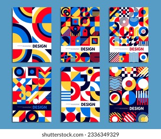 Abstract geometric patterns, bauhaus posters of vector circles, squares, triangles and wavy line shapes. Retro graphic elements and creative forms of bauhaus banners and presentation flyers set