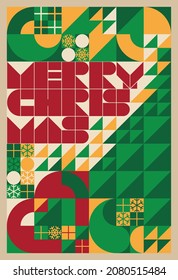 Abstract geometric patterns. Bauhaus style christmas festive poster. Green, red and yellow. Background design for card, cover, banner, backdrop, flyer, brochure, wallpaper, wall. Vector illustration.