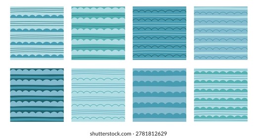 Abstract geometric patterns collection in shades of blue and teal. Hand-drawn wavy lines and stripes for nursery decor, branding and textile. Vector illustration