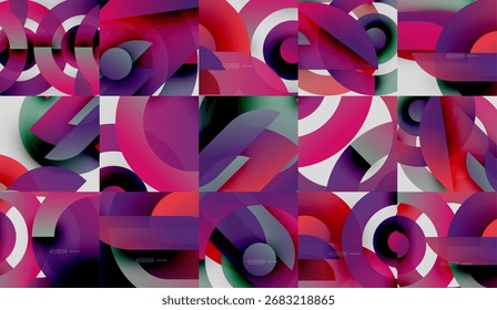 Patrones geométricos Abstractas. Coloridos círculos superpuestos crean composiciones vibrantes. Los Elementos de diseño modernos dominan el espacio visual.