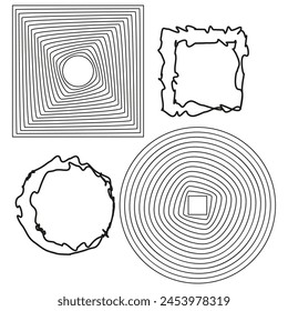 Abstract geometric patterns. Concentric lines design. Distorted frames concept. Modern art graphics. Vector illustration. EPS 10.