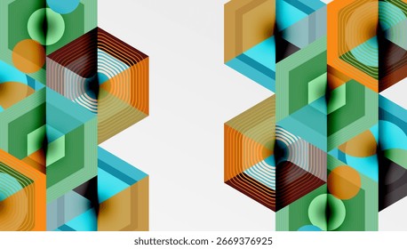 Padrões geométricos abstratos dominam a imagem. Hexágonos, linhas criam ilusão ótica. As cores incluem verde, marrom, laranja, azul. Design moderno.