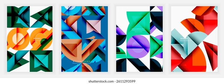 Abstract geometric patterns dominate these vibrant backgrounds. Overlapping shapes, bold colors, modern design elements create dynamic compositions. Visual harmony present.