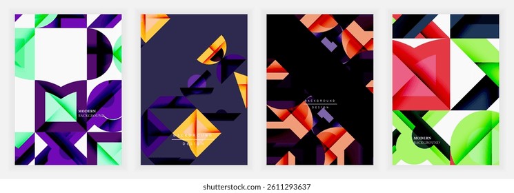 Abstract geometric patterns dominate these vibrant designs. Shapes overlap, creating dynamic compositions with bold color palettes. Modern aesthetic, suitable for backgrounds or digital art.