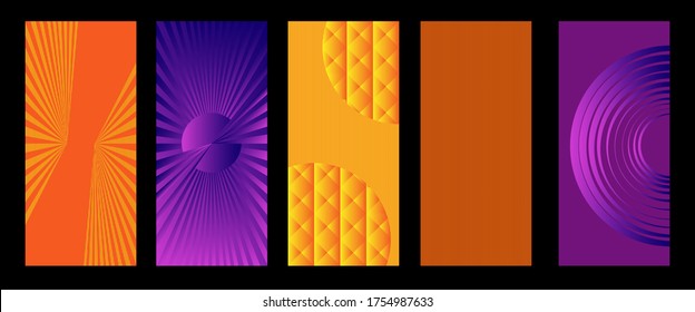Abstract geometric patterns with elements of lines, spirals and gradients. Set of five vertical abstract banners for cover design. Vector, abstract illustration.