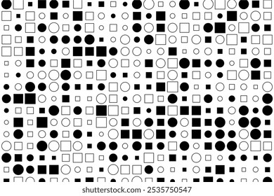 Abstract geometric patterns featuring filled and outlined circles and squares